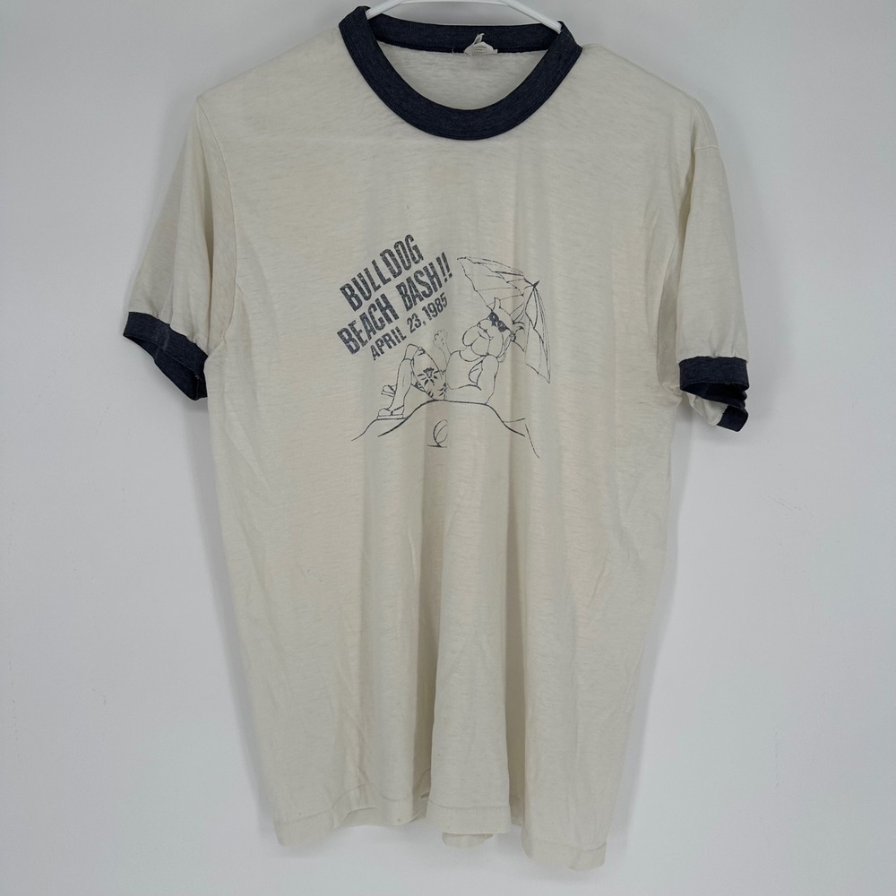 Vintage 80s 1985 Bulldog Beach Bash Ringer Shirt Sport-T Stedman Cream Navy L